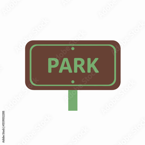 Brown park sign with green border. Simple park signpost indicating park entrance.  World Ranger Day park sign for environmental awareness campaigns.