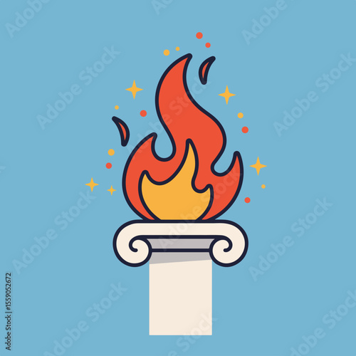 Burning torch on classic column.  French national holiday celebration symbol. Bastille Day illustration for greeting cards, posters, and social media.