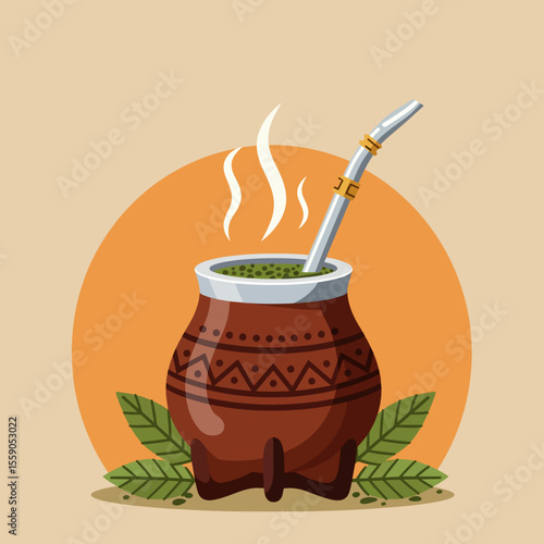 Celebrating Independence Day in Argentina with traditional mate, hot herbal drink in calabash gourd with silver straw. Independence Day in Argentina celebration embraces the Argentinian culture,
