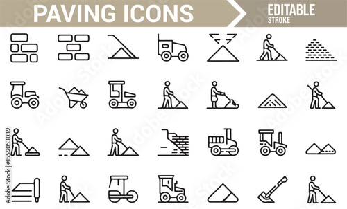 Worker and Equipment Paving Icons for Road Construction