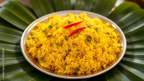Festive nasi kuning arranged on banana leaves, embodying Indonesia's culinary celebration of Independence Day.