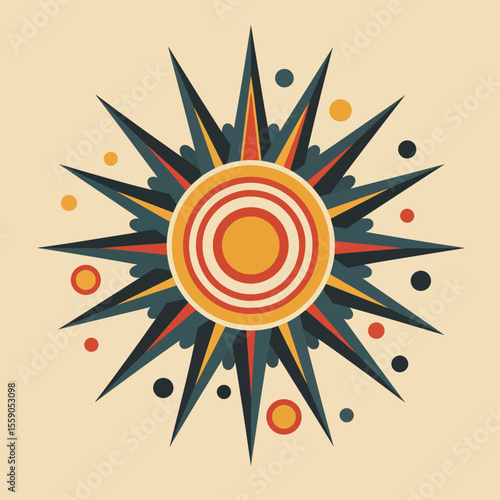 Independence Day in Argentina represented by a stylized sun emblem with geometric elements in patriotic colors.