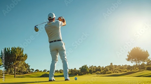 Sunny day golfing shows a player hitting a golf ball during a game, displaying athletic skill and outdoor recreation, set against a beautiful blue sky at a green field of a golf course.
