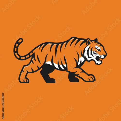 Celebrating International Tiger Day, graphic tiger illustration with bold stripes strides forward powerfully against orange background.
