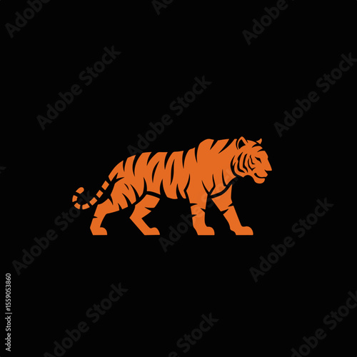 International Tiger Day design with a graphic orange tiger walking on dark backdrop. International Tiger Day with minimalistic design in wild animal concept, great for awareness campaign.