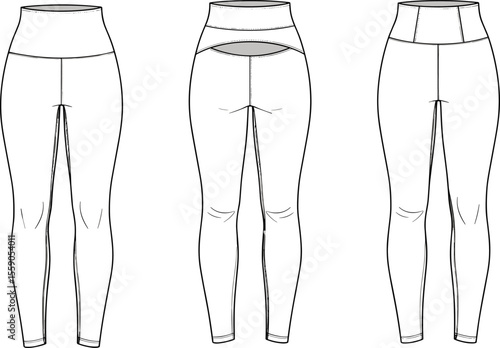 High waist women leggings flat sketch, CAD vector template, technical fashion illustration, athletic pants design, fitness wear front back view