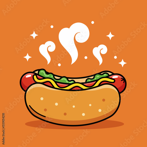 Celebrating National Hot Dog Day with a delicious hotdog illustration, complete with mustard and relish on a toasted bun. This National Hot Dog Day image brings to mind summertime BBQs, picnics,