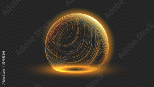 Gold sphere shield in 3d dome effect with tech globe ball for protect secure bg. Abstract light pattern by planet energy and digital line connects global network.