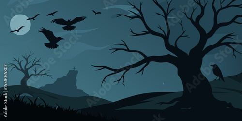 Spooky Halloween night with bats silhouetted against the moonlit sky over a dark, mysterious ocean