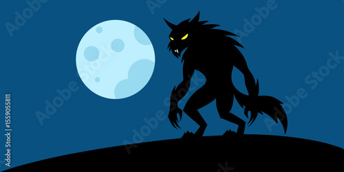 Moonlit Halloween night with a spooky silhouette of a wolf and witch flying, alongside a black cat under a full moon