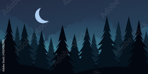 A serene winter night landscape featuring a moonlit sky with clouds above a snow-covered forest of pine trees, perfect for a Christmas holiday illustration