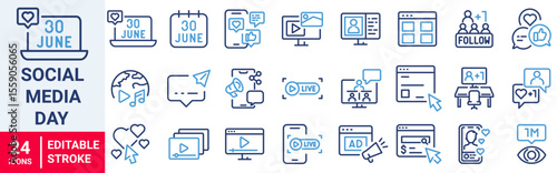 Social Media Day web line icons. Message, profile, social network, video, comment, and sharing icons.
