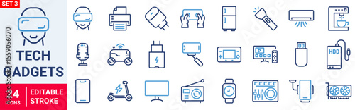 Tech Gadgets web icons in line style. Phone, tablet, laptop, startup, tv, dron, robot, game controler, vr, headphones, projector, collection. Vector illustration.