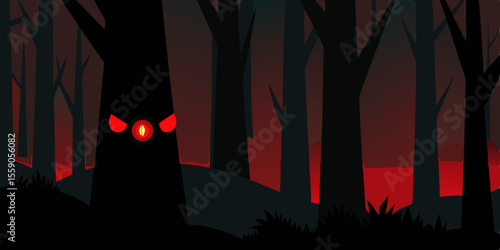 Spooky Halloween night scene with a haunted house, full moon, and scary tree silhouettes, featuring bats, pumpkins, and ghostly illustrations perfect for dark holiday celebrations