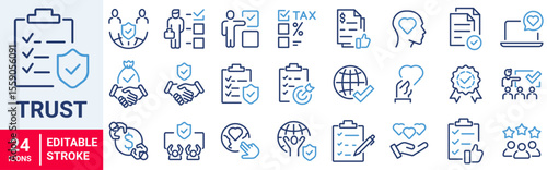 Trust web line icons. Integrity, confidence, reliability, credibility, empathy, friends collection. Vector illustration.