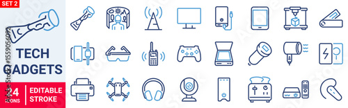 Tech Gadgets web icons in line style. Phone, tablet, laptop, startup, tv, dron, robot, game controler, vr, headphones, projector, collection. Vector illustration.