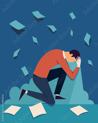 A wall of critical words crashing against a person slowly burying them under its weight.. Vector illustration