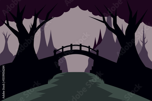 Spooky Halloween night landscape illustration with a haunted house, scary trees, and a dark bridge silhouette under a full moon