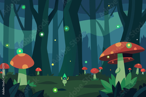 Whimsical vector cartoon illustration of a vibrant red toadstool mushroom in a lush green forest, with a fantasy fish swimming through grass and autumn leaves