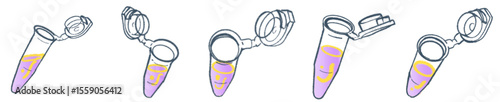 Hand-Drawn Microcentrifuge Tube Illustration Set — Cute purple and yellow liquid tubes with open caps, perfect for science lab graphics, biology or chemistry education, medical research presentations,