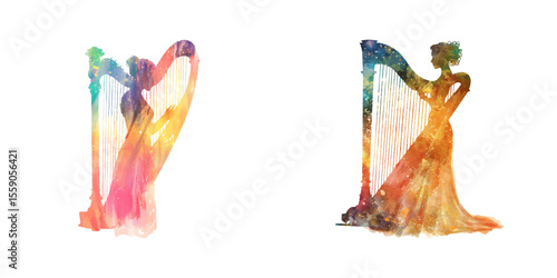 abstract color silhouette of harp player watercolor vector illustration