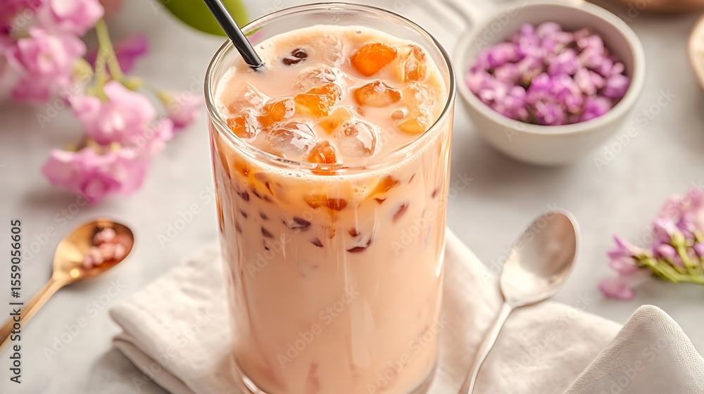 Minimal thai milk tea with napkin, spoon, and small flowers Minimal thai milk tea with napkin, spoon, and small flowers