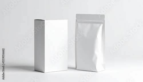 Blank white packaging; box and stand-up pouch mockup.