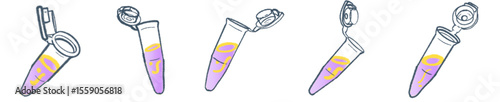 Hand-Drawn Microcentrifuge Tube Illustration Set — Cute purple and yellow liquid tubes with open caps, perfect for science lab graphics, biology or chemistry education, medical research presentations,