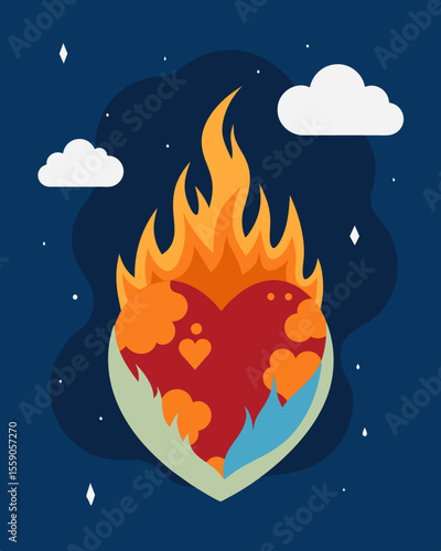Despite the coldness of the world the gaslit hearts flame burned bright with love and resilience.. Vector illustration