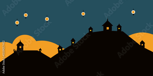 Spooky Halloween night landscape with a haunted castle and silhouetted trees against a moonlit sky, bats flying over a dark, star-filled city