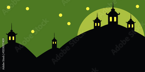 Silhouetted mosque and towers against a moonlit black sky, resembling a spooky European city illustration at night
