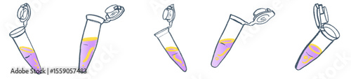 Hand-Drawn Microcentrifuge Tube Illustration Set — Cute purple and yellow liquid tubes with open caps, perfect for science lab graphics, biology or chemistry education, medical research presentations,