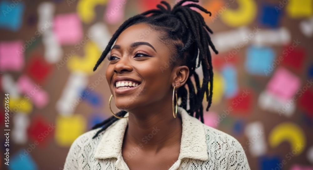 Naklejka premium A beautiful young Black woman with stylish dreadlocks styled in a high ponytail, smiling and looking away, against a blurred, colorful, and abstract background.