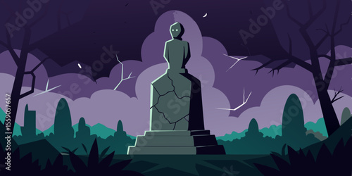 Romantic Halloween night illustration with a loving couple's silhouette under a moonlight sky and dark, starry trees