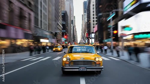 Yellow taxi navigating busy city street at dusk