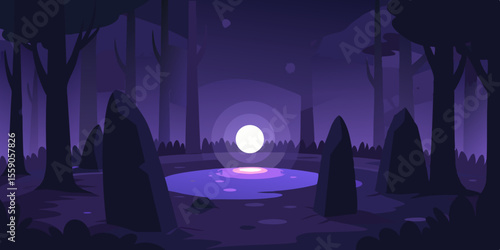 Spooky Halloween night city street scene with an old European cemetery, dark trees, and a full moon illuminating the scary architecture