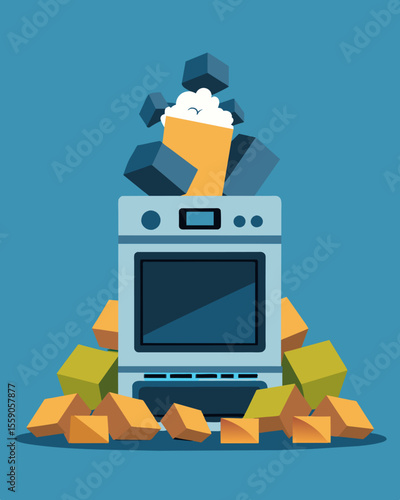 A large industrial oven melting down heaps of scrapped laptops into raw materials for reuse.. Vector illustration