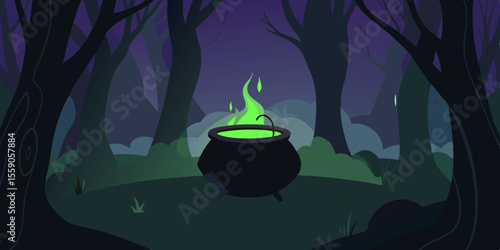 Fiery Halloween pumpkin in the night, a spooky autumn celebration illustration with a witch, bats, and trees silhouetted by moonlight
