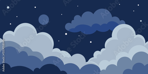 Blue sky cloudscape vector illustration with sun and moon symbols