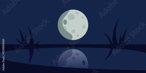 A hauntingly beautiful Halloween night landscape features a bright full moon casting its light upon the dark, star-filled sky and across the mysterious, vast sea