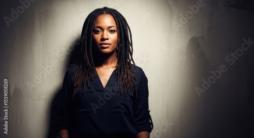 A captivating portrait of a young Black woman with long dreadlocks, wearing a dark blouse, standing against a textured, dimly lit wall with strong shadows, conveying an artistic and introspective mood
