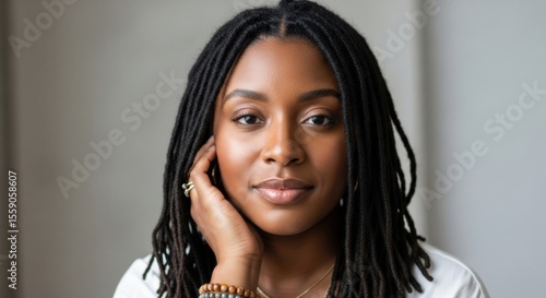 Headshot of a beautiful young Black woman with long dreadlocks, gently touching her face, looking calmly at the camera, wearing a white shirt and beaded bracelets.