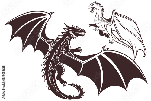 Two Dragons Face Off in a Drawn Confrontation, Dark and Light Dragons Clash in a Fantasy Illustration