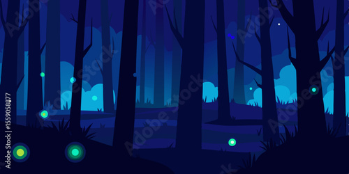 An urban park at night, bathed in the glow of city lights, features silhouetted trees and a moonlit sky, perfect for a dark, illustrative wallpaper design