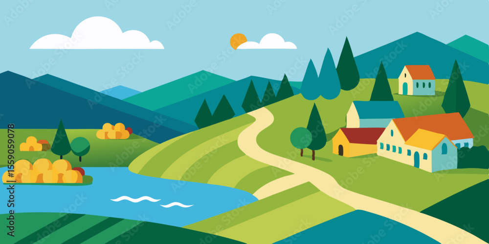 Fototapeta premium Vector illustration of a serene rural landscape with houses, green hills, and trees under a summer sky