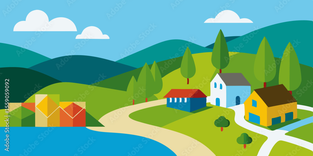 Fototapeta premium Cartoon village landscape vector with houses, trees, and mountains under a summer sky