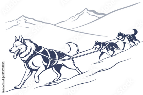 Dog Sledding Team on a Snowy Mountain Trail, A Vector Graphic Depicting Speed and Determination in the Wilderness