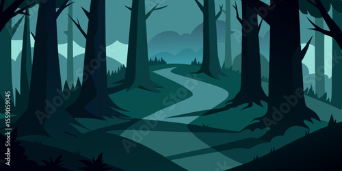 Night or morning, the misty woods reveal a serene landscape of trees bathed in the ethereal light of dawn or cloaked in the mysterious dark