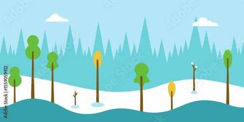 Here's a single sentence for naming an image described by your terms:

A vibrant cartoon vector illustration of a serene mountain landscape with green trees, a clear blue sky, and a sunny meadow, evok