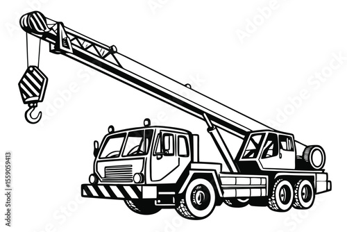 Illustration of a Large Crane Truck with Extendable Boom and Hook for Construction Purposes Depicted in Black and White